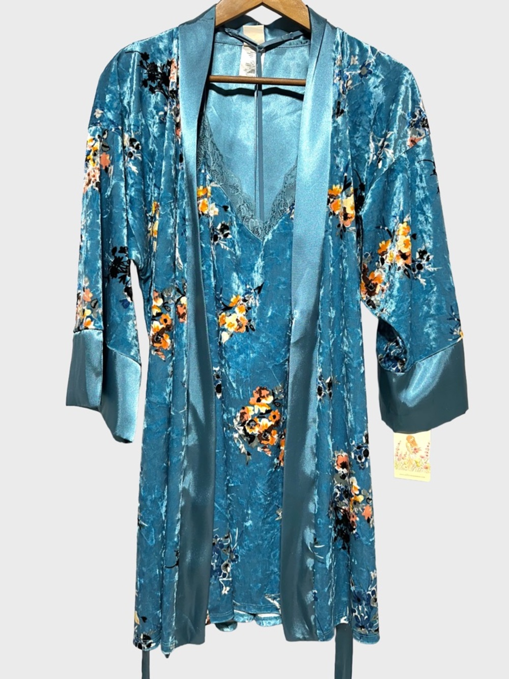 IN BLOOM BY JONQUIL Teal Velvet Floral Lingerie Robe Set Coquette
